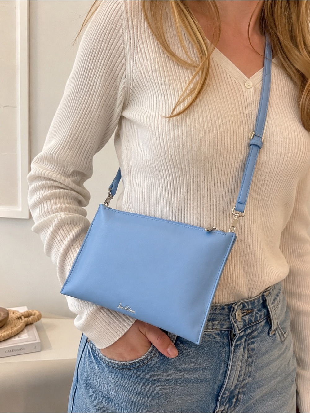 Sam Edelman Baby Blue Leather Crossbody Shoulder Bag Minimalist